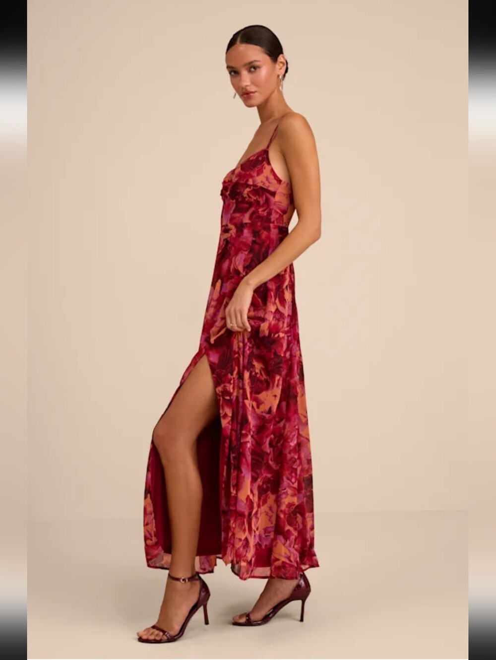Lulus Beautiful Soul Burgundy Floral Print Twist-Front Maxi Dress - Picture 5 of 14